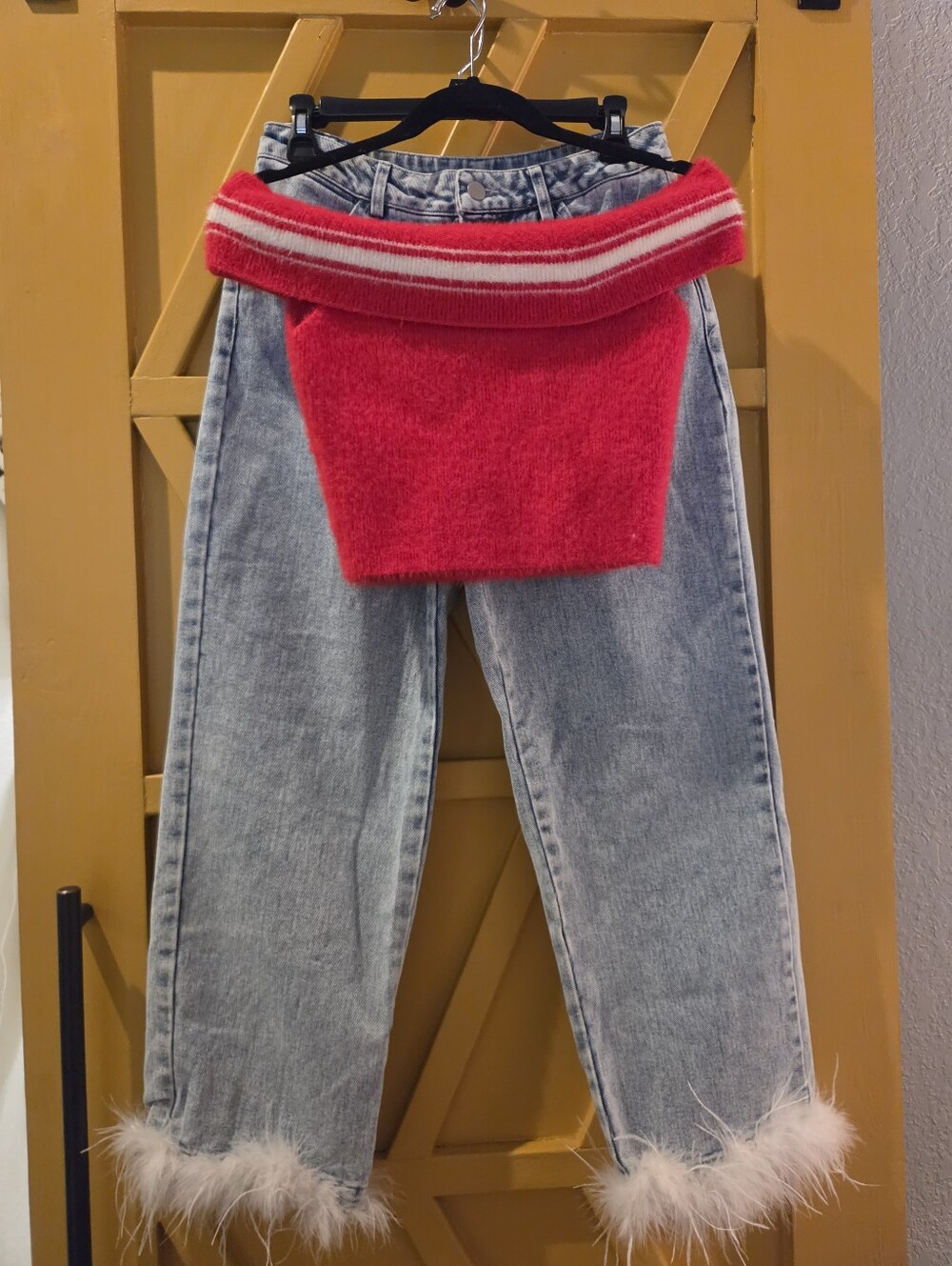 12th Tribe Faux Feather Trim Jeans Straight Medium & Red Crop Off Shoulder Large